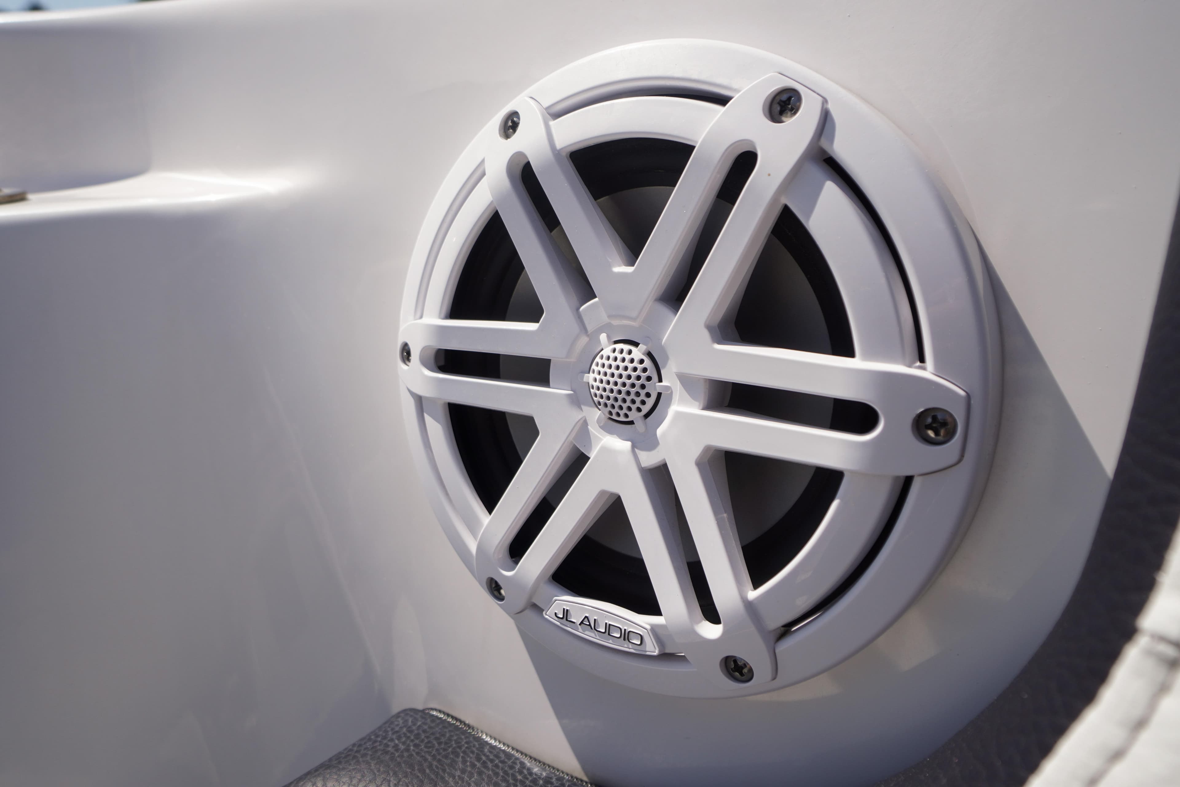 Close-up of JL Audio speaker on 2024 Tidewater 232 CC Adventure boat.