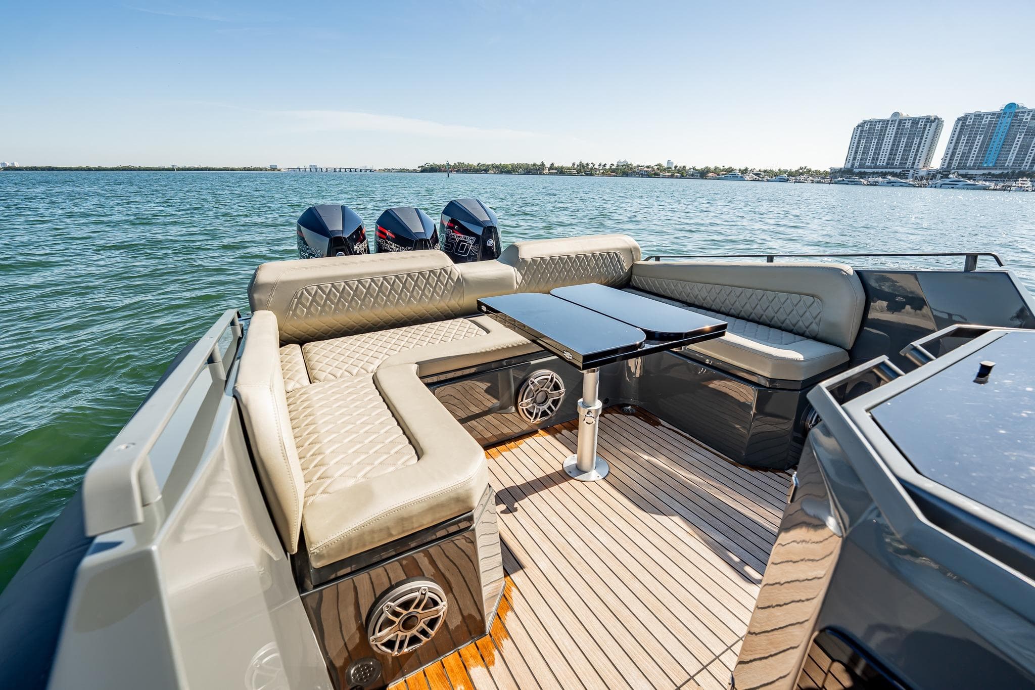 Luxury Skipper-BSK 38NC boat interior with seating and table, 2023 model on open water.
