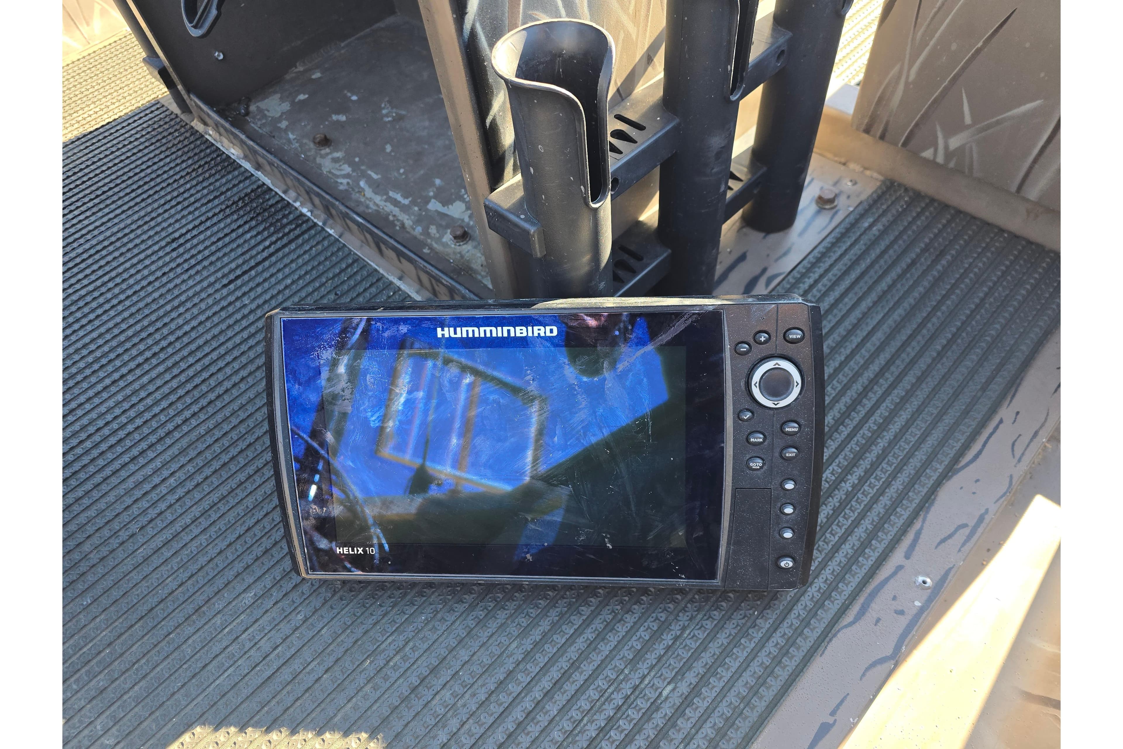 Humminbird Helix 10 fish finder on 2018 Pro-Drive 1754 boat floor.