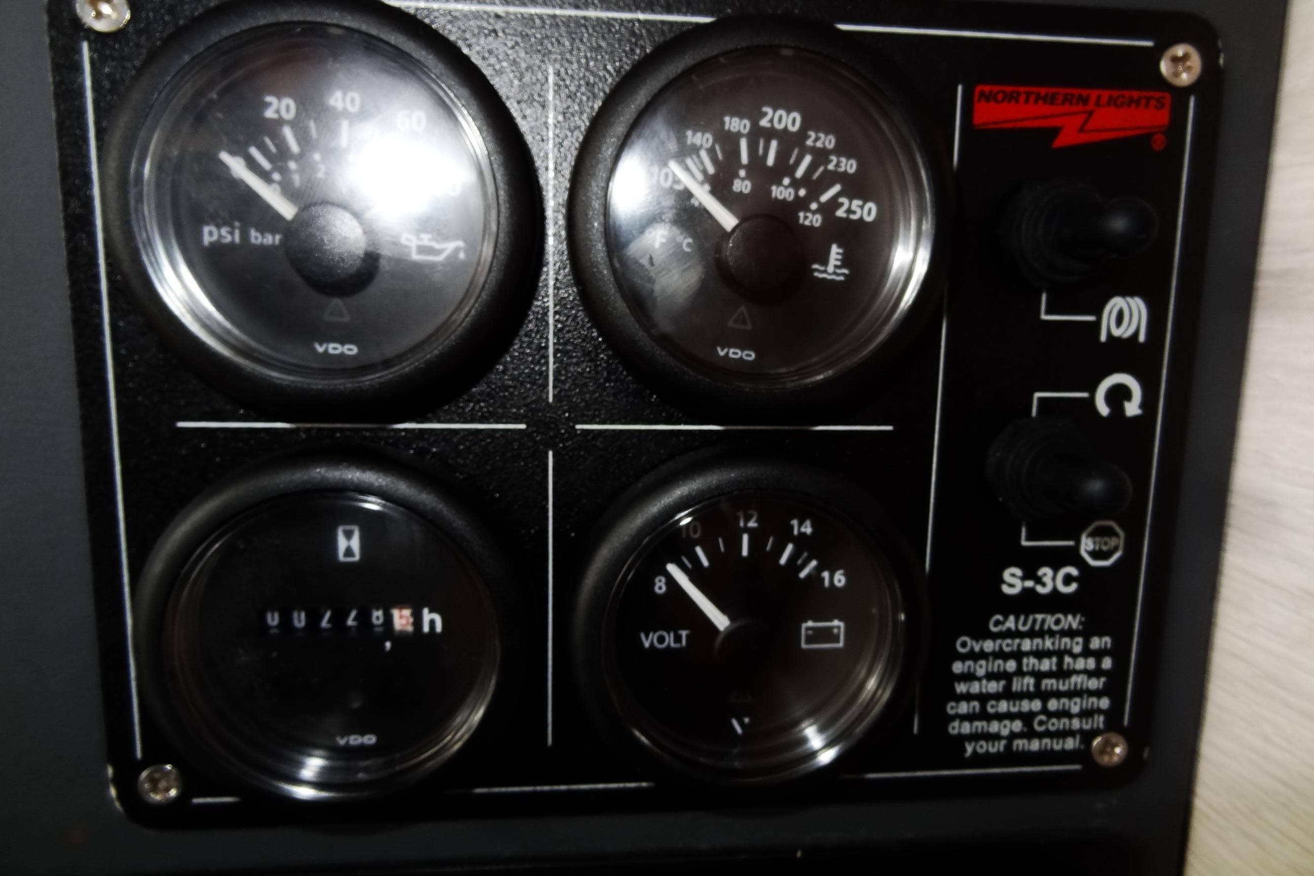 Control panel with gauges and switches on a 2021 Leopard 50 model.