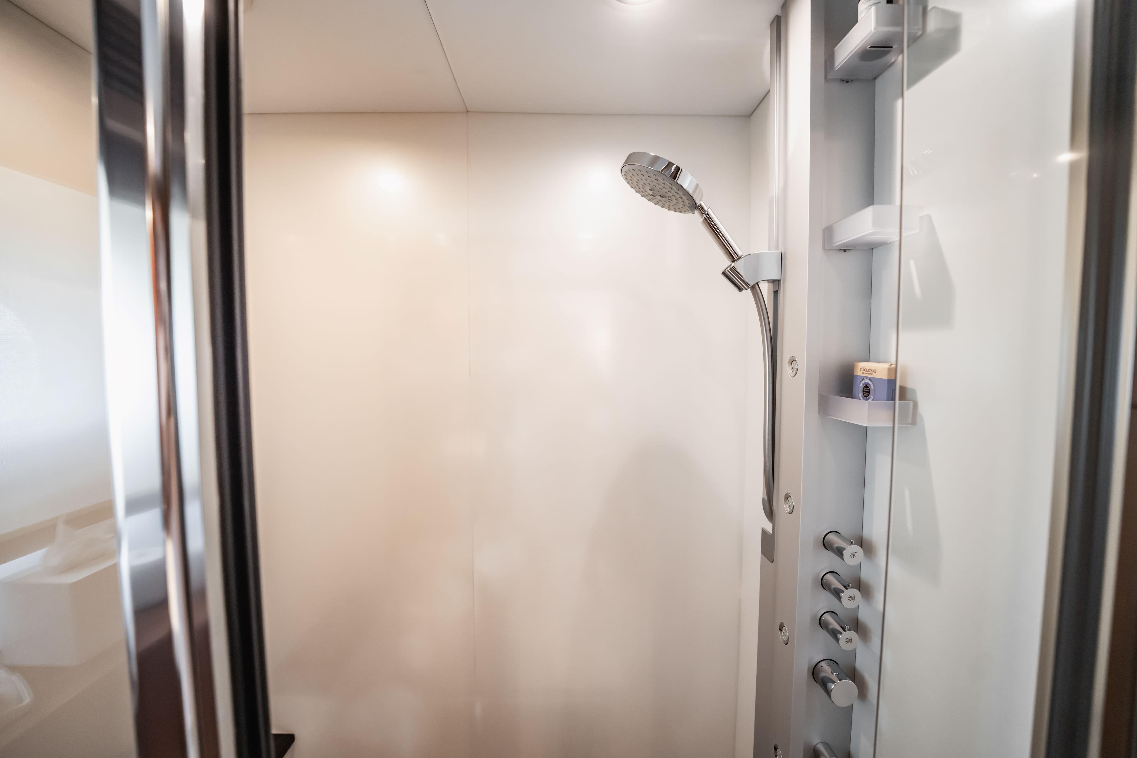 Luxurious shower in 2011 Sunseeker 34 Metre Yacht, featuring modern fixtures and sleek design.