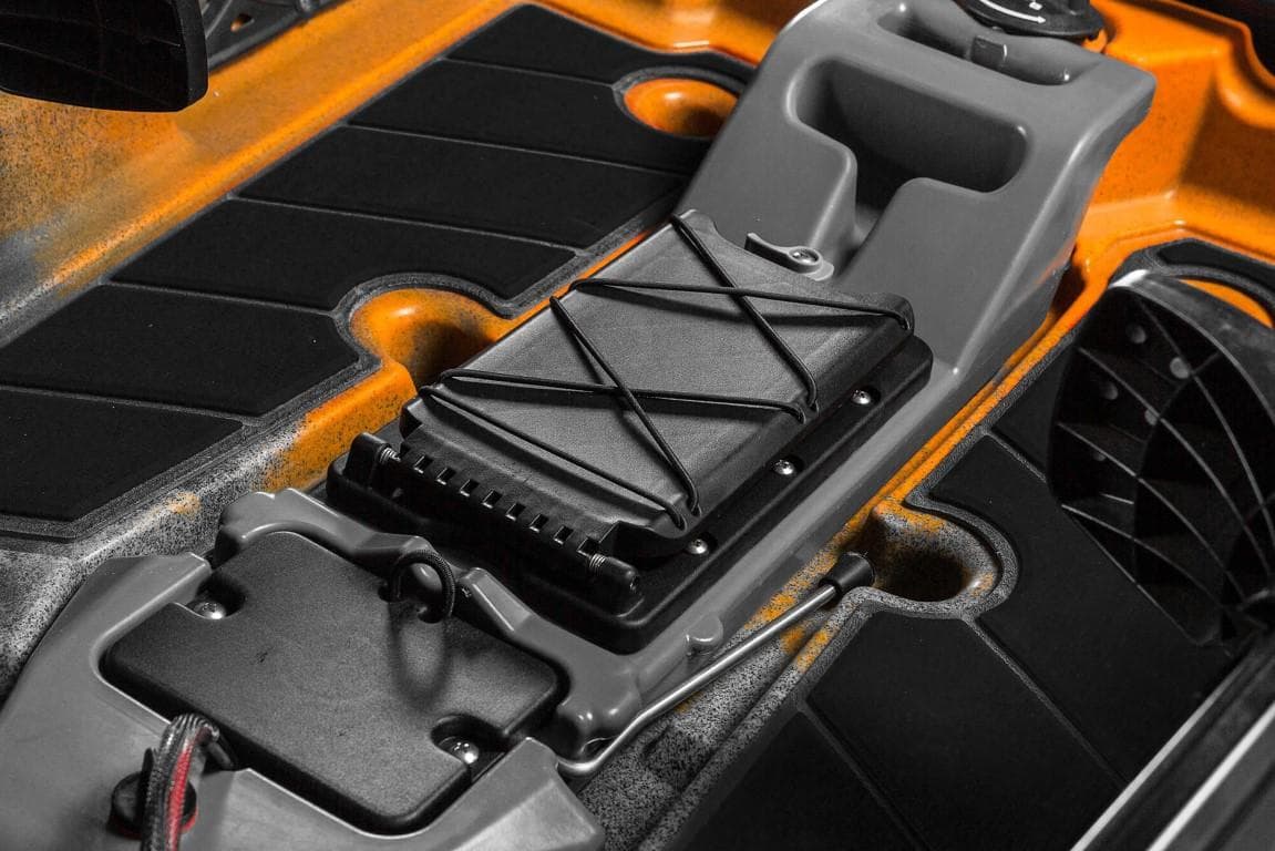 Close-up of 2023 Old Town 106 Sportsman Minn Kota Power kayak's storage compartment.