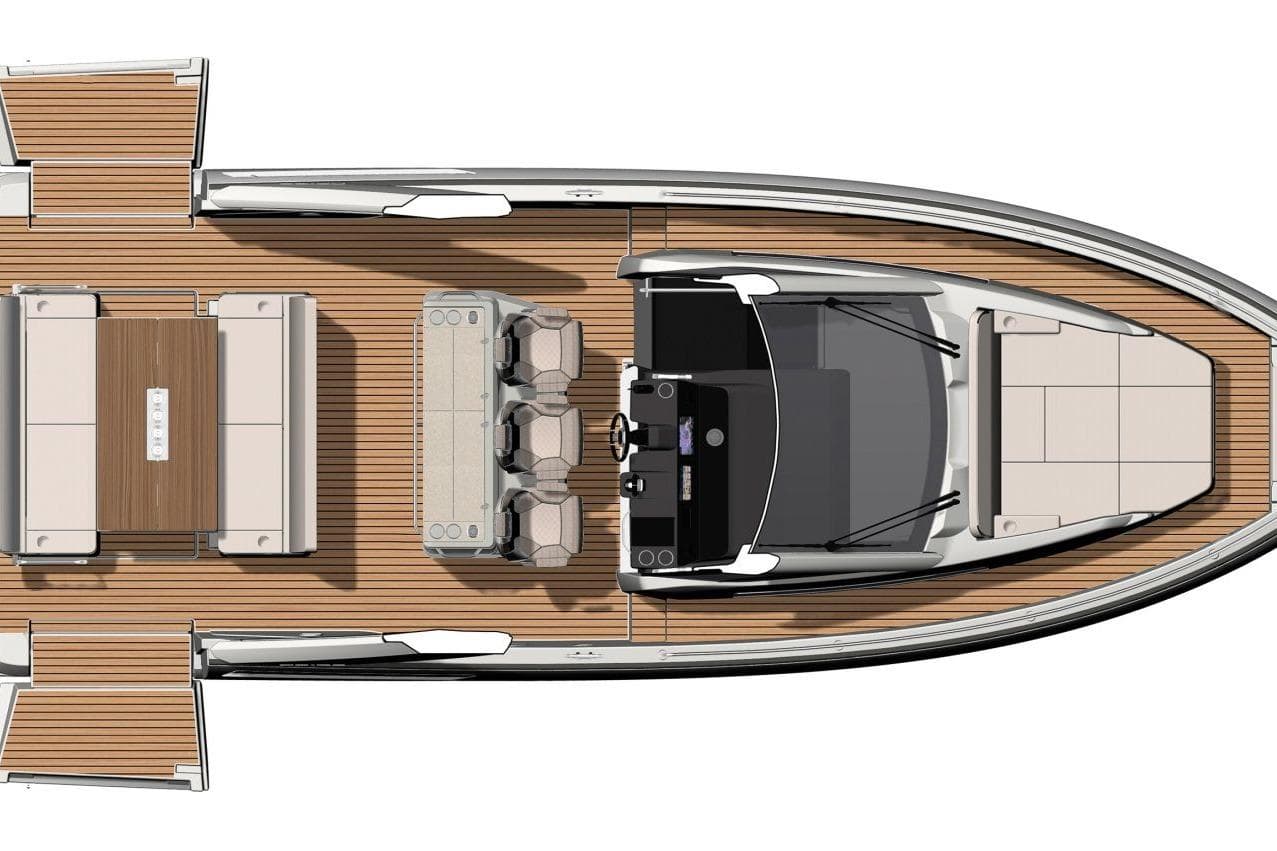 Top view of 2026 Jeanneau DB/37 OB boat with spacious deck layout.