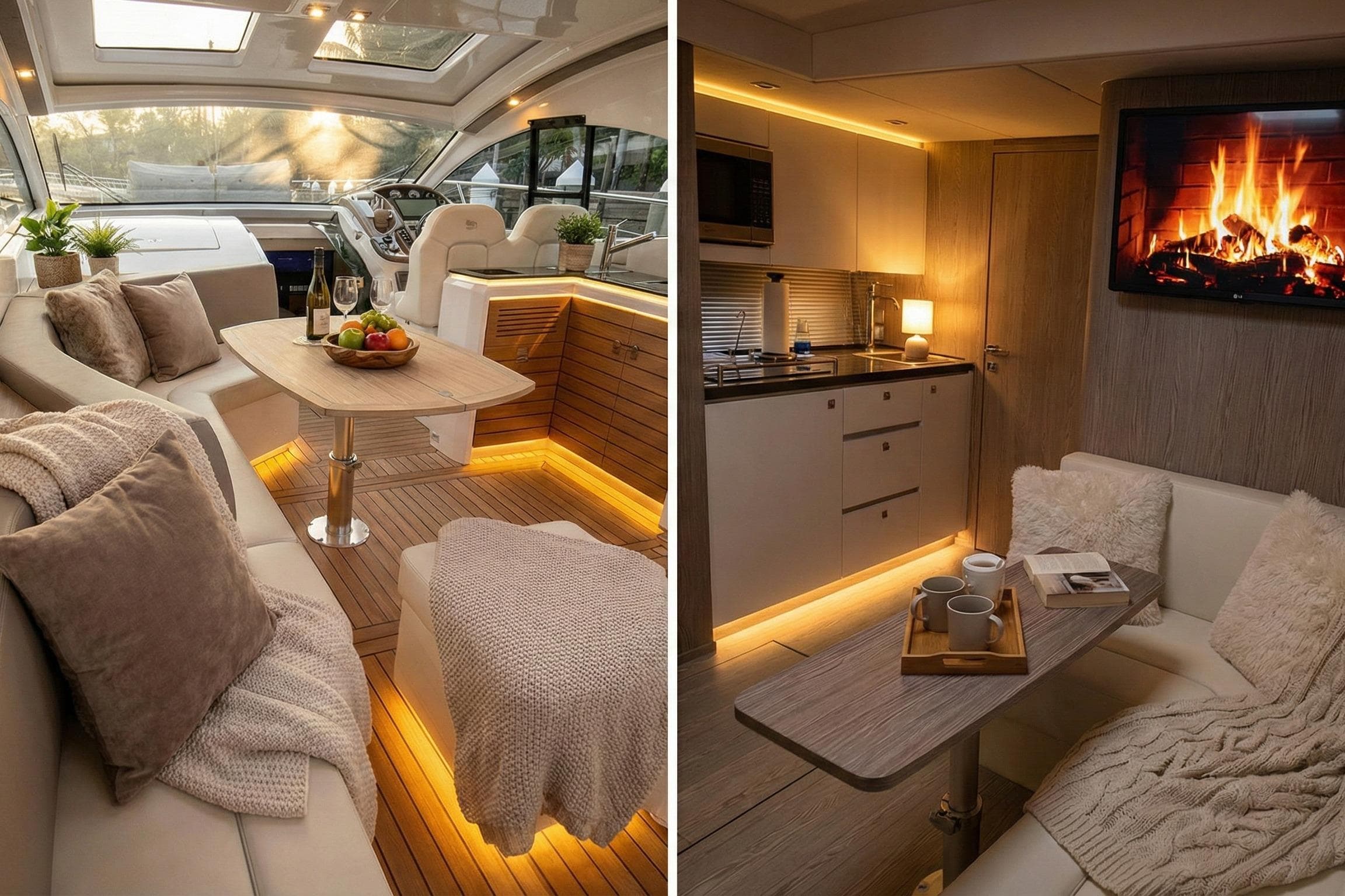 Luxurious interior of 2024 Sessa Marine C44 Cruiser with elegant seating and ambient lighting.