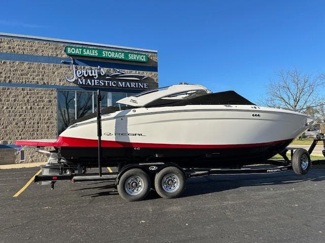 2025 Regal LS9 Surf boat on trailer at Jerry's Majestic Marine dealership.
