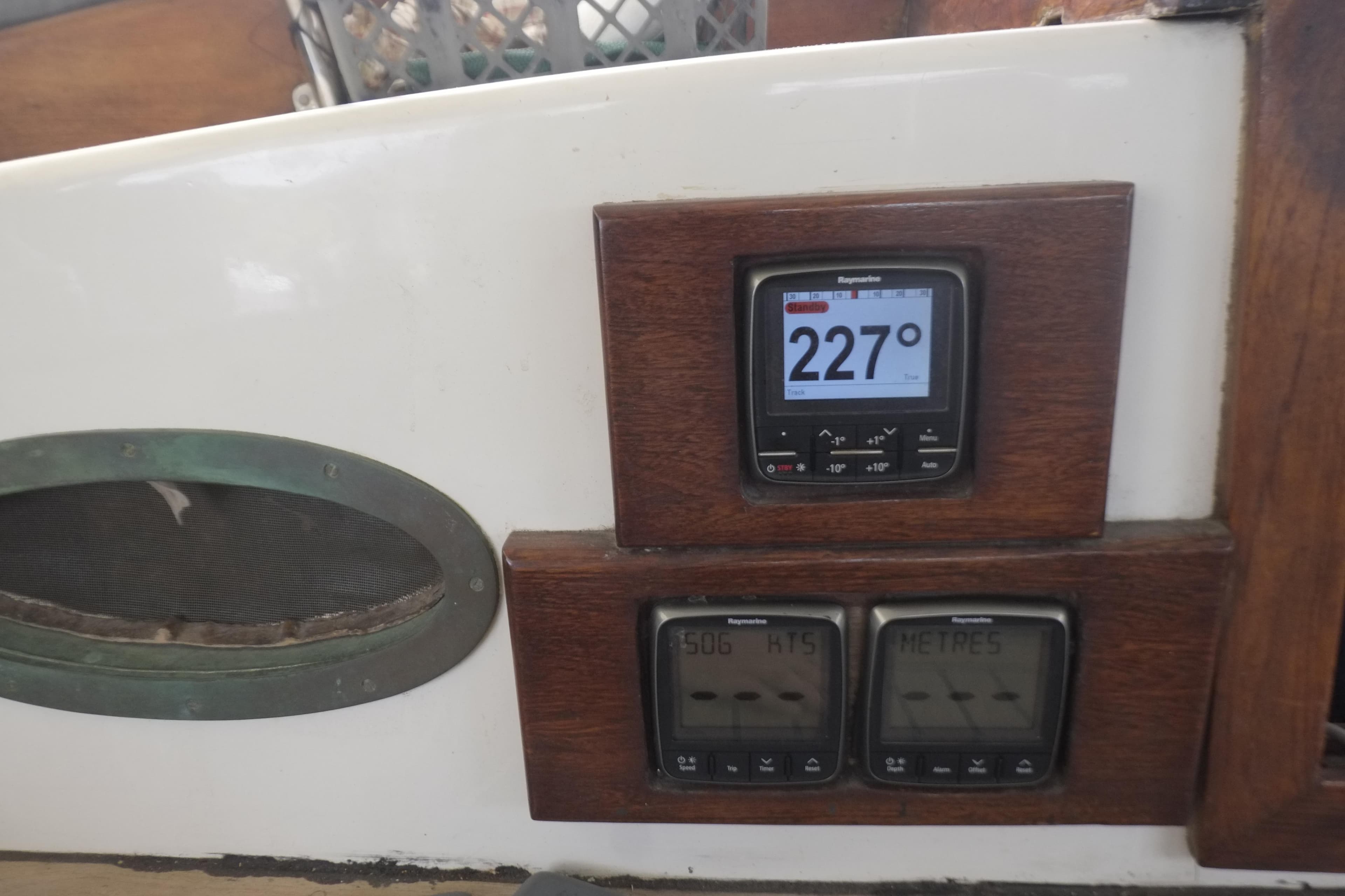 Control panel on a 1978 Formosa 46 sailboat displaying 227 degrees.