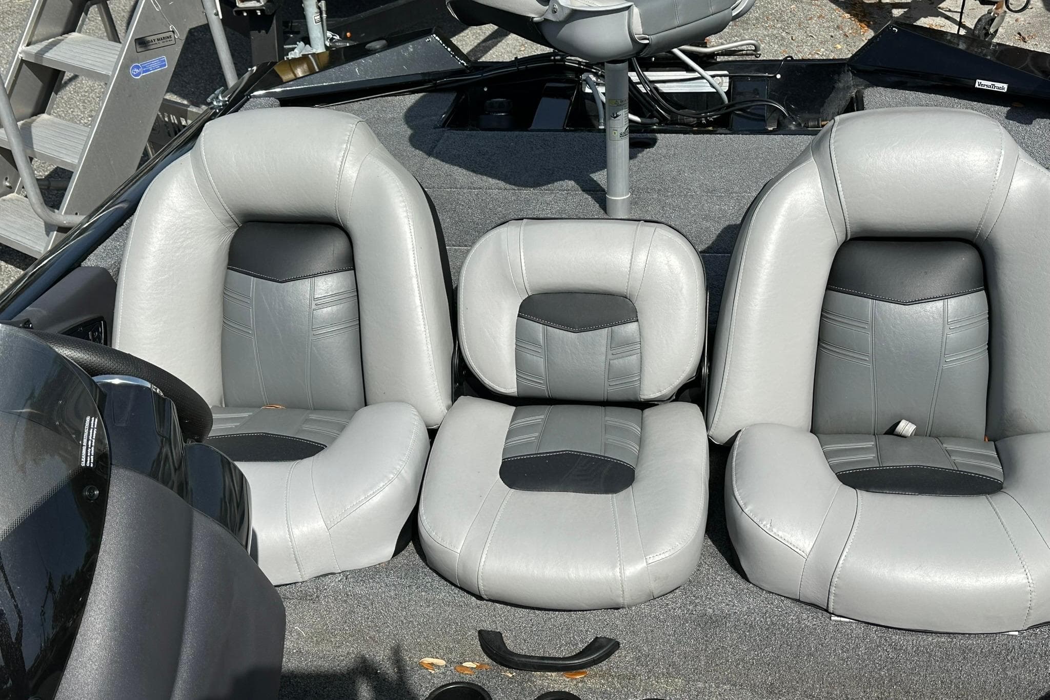 2018 Tracker Pro Team 175 TXW boat seats, gray and black upholstery, interior view.
