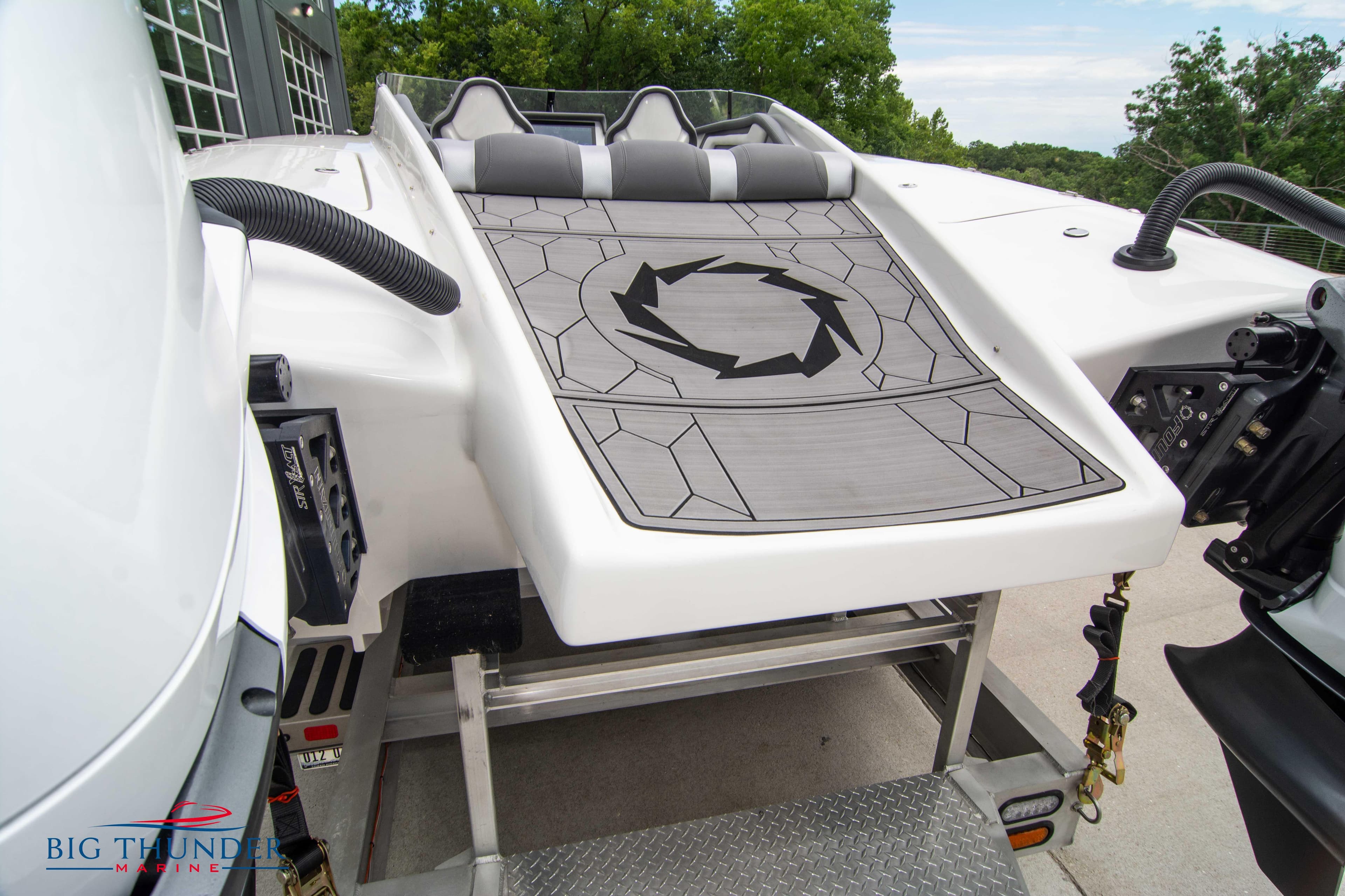 2023 Fountain 34 Thunder Cat boat rear deck on trailer.