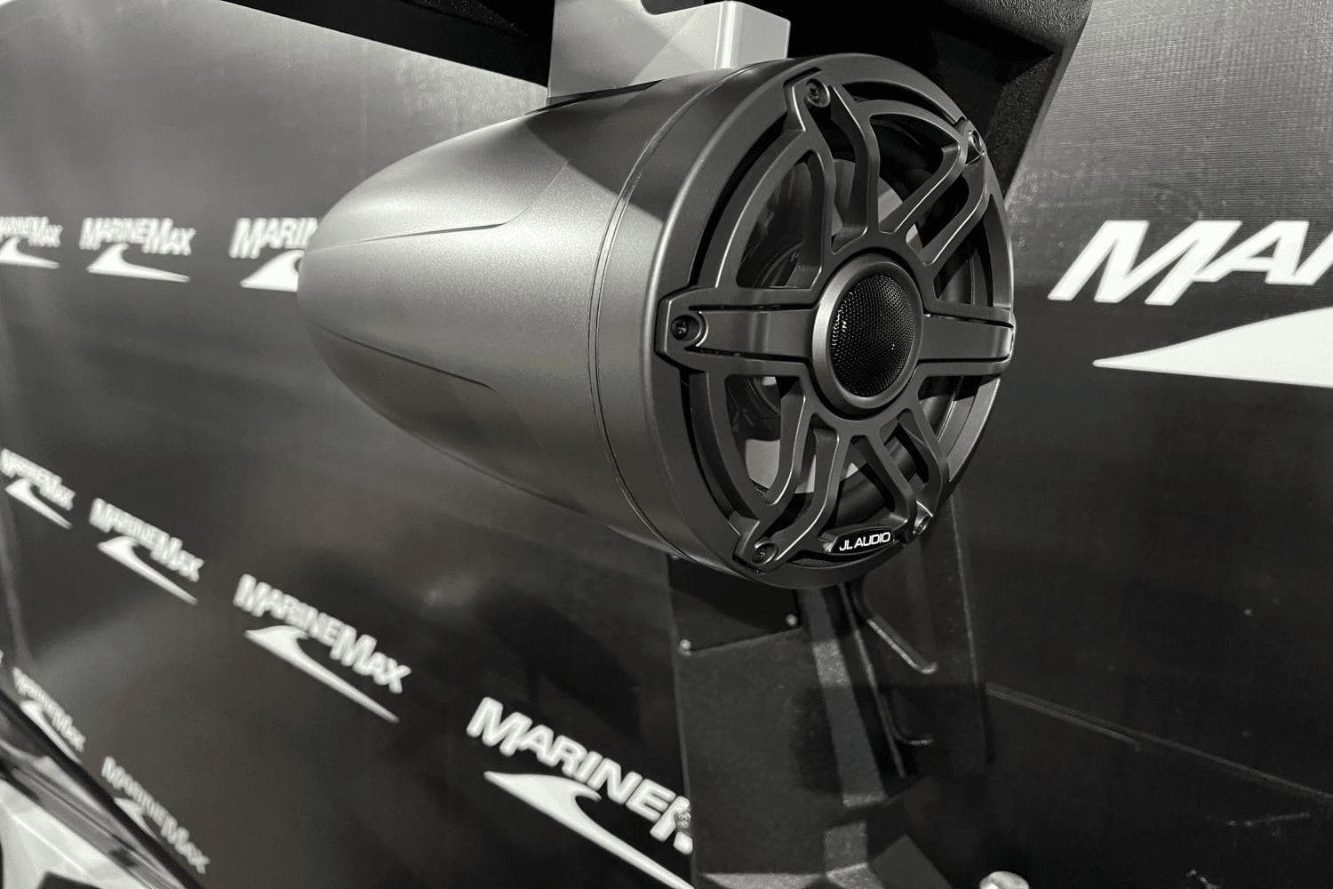Close-up of JL Audio speaker on 2023 Nautique Super Air Nautique S25 boat.