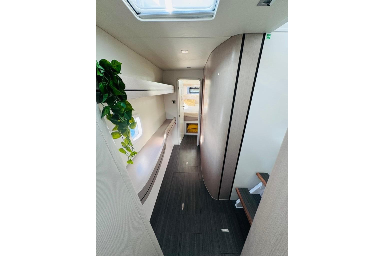 Modern interior of 2021 Outremer 59.2 yacht, featuring sleek design and natural light.