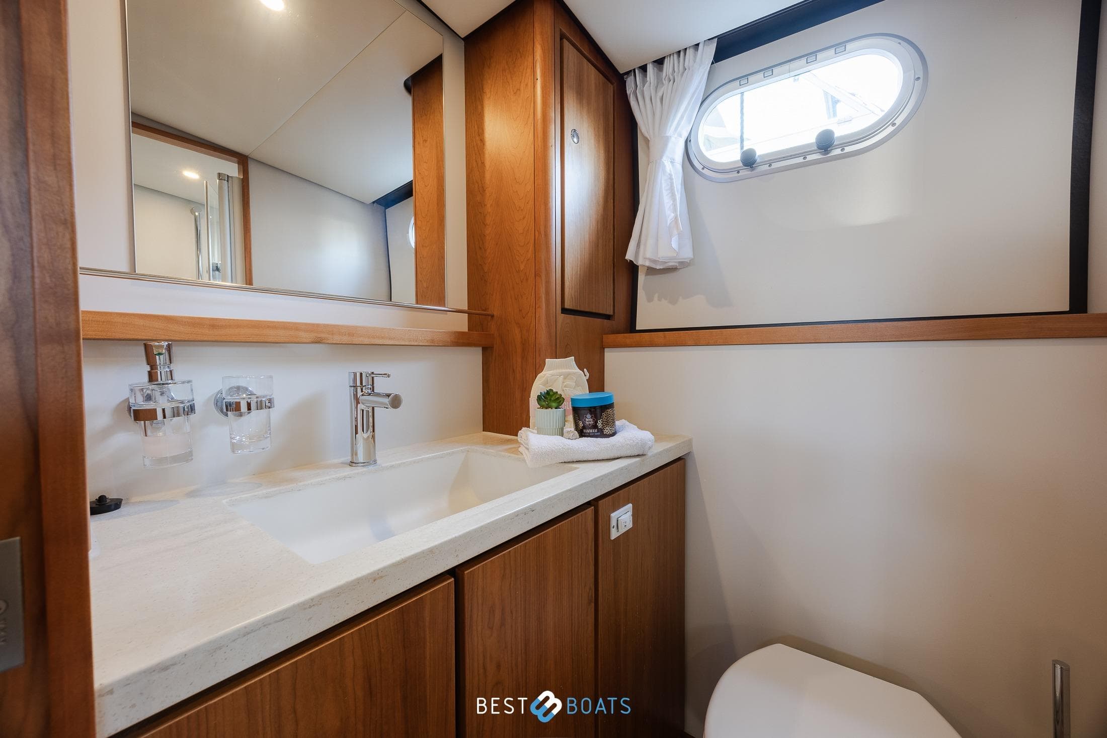 Luxurious bathroom interior of 2019 Linssen Grand Sturdy 40.0 AC yacht.