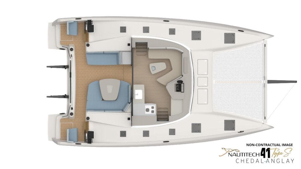 Top view of 2025 Nautitech 41 Type S catamaran layout, featuring spacious interior and deck.