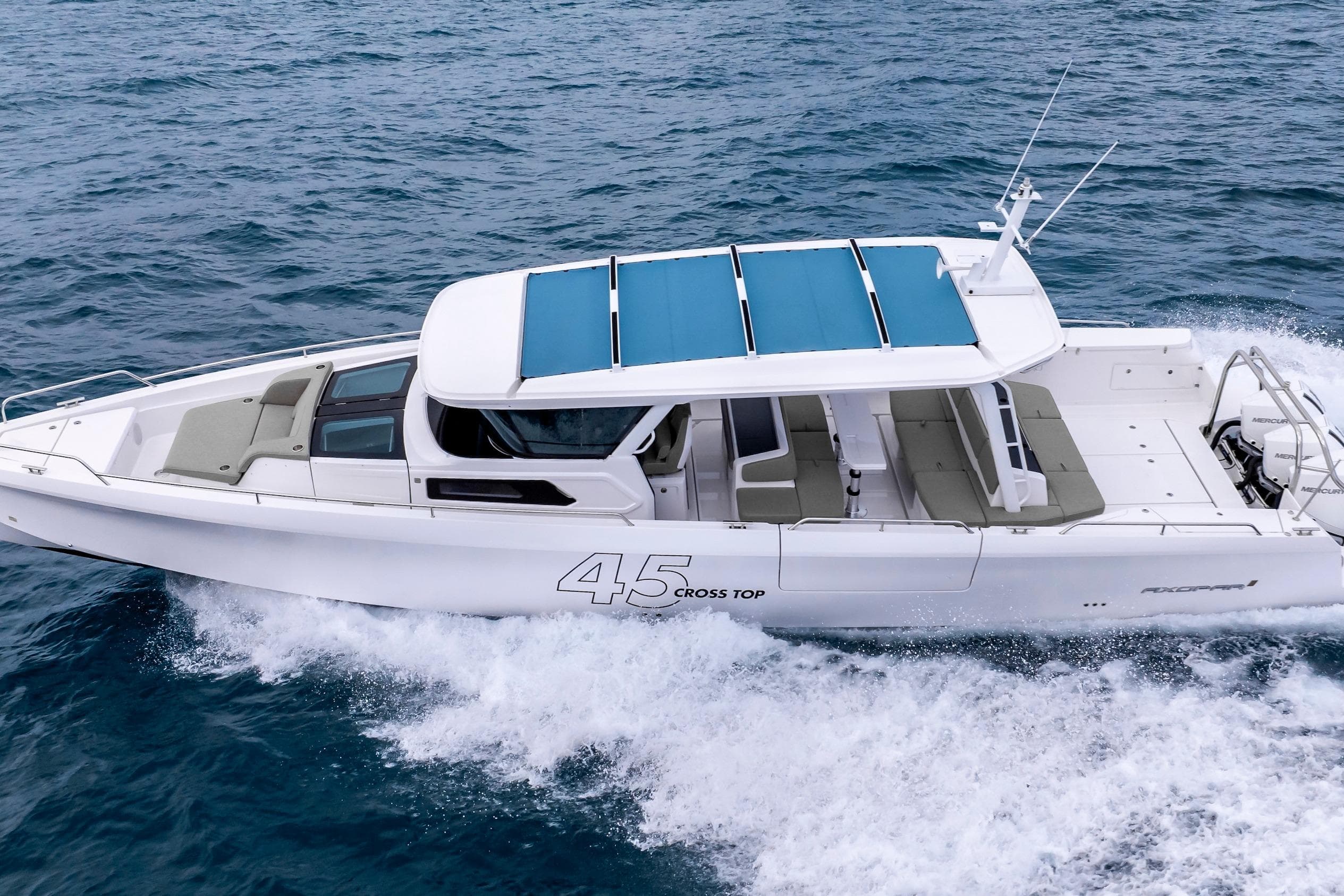 2025 Axopar 45 Cross Top boat cruising on open water.