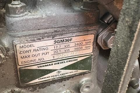 Yanmar 3GM30F diesel engine label, showing specifications and ratings.