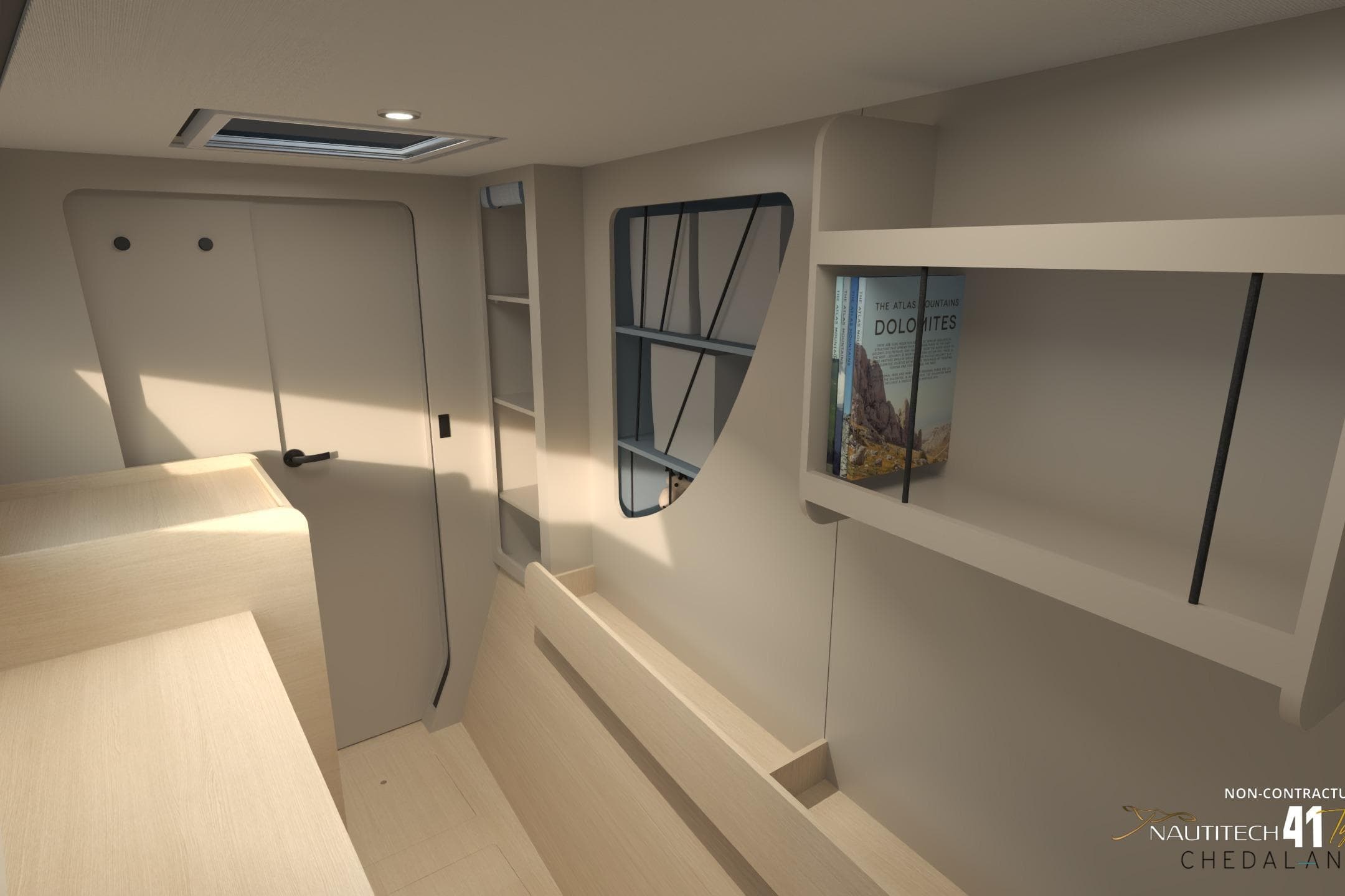 Interior of 2026 Nautitech 41 Type S yacht, featuring modern shelving and sleek design.