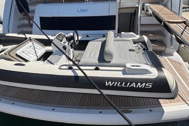 2022 Williams Jet Tenders Sportjet 435 on a yacht deck, featuring sleek design and modern seating.