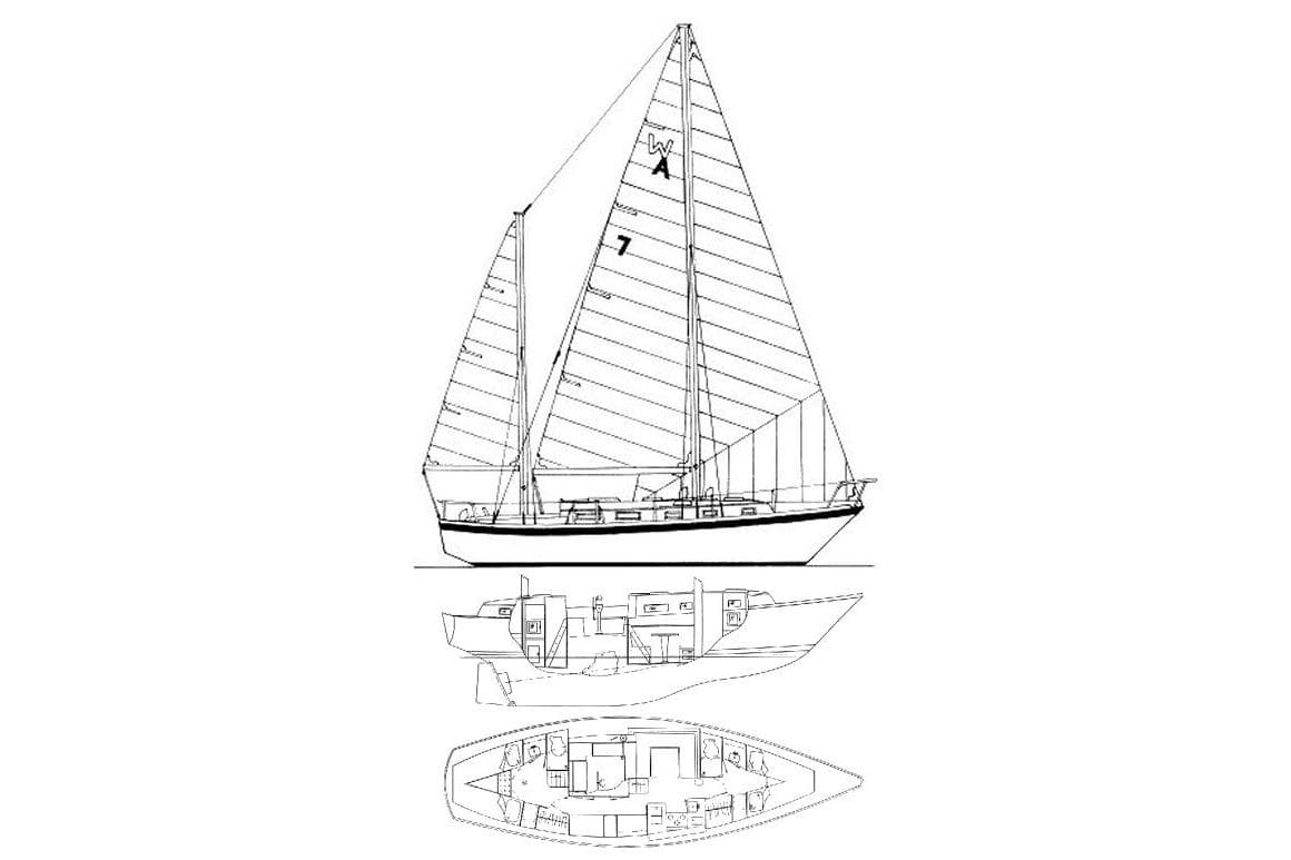 Blueprint of 1973 Allied Mistress sailboat, showcasing side and interior views.