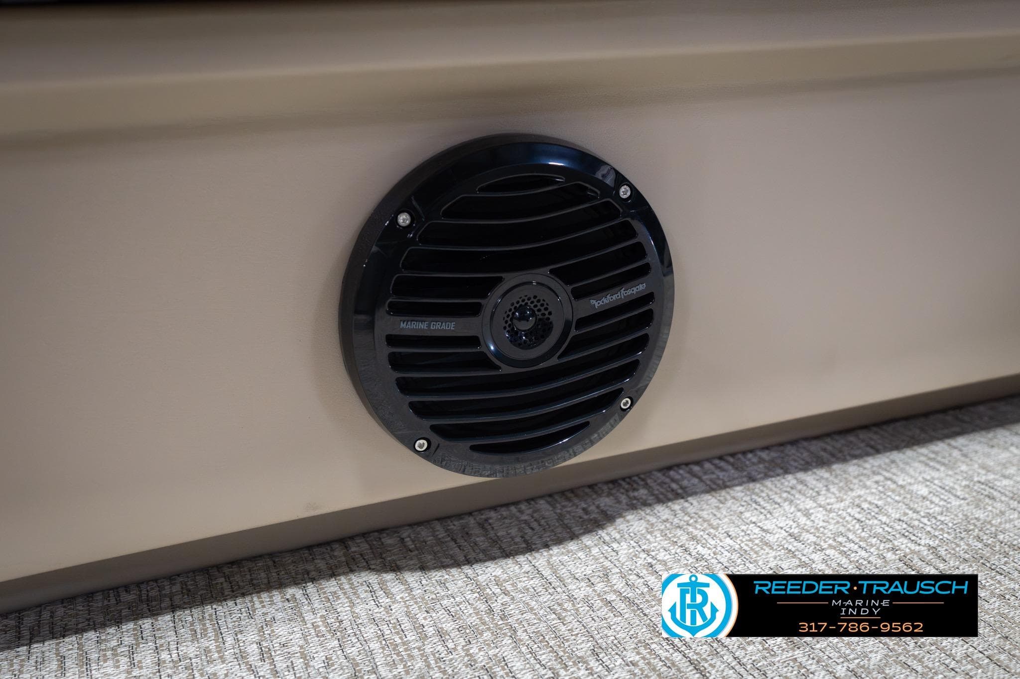 Marine-grade speaker on 2026 Bennington 168 SLJ boat, featuring Reeder-Trausch Marine branding.