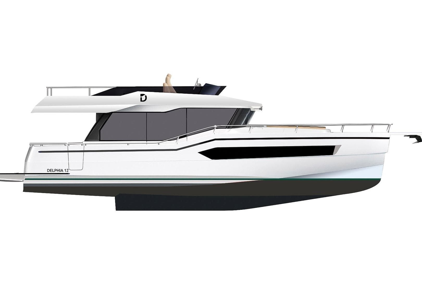 2026 Delphia D12 Fly yacht, sleek design, side view, modern luxury boat.