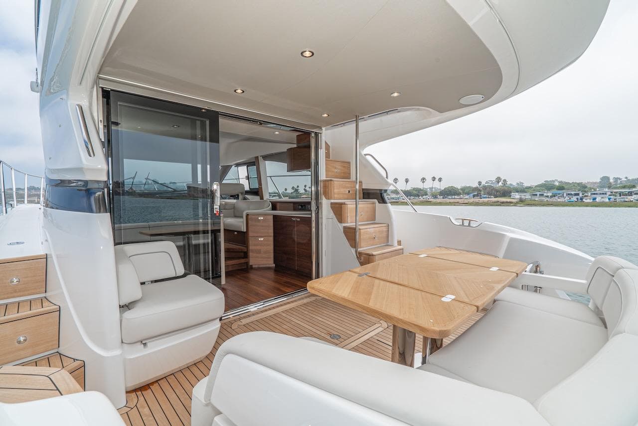 2024 Princess F45 yacht interior with modern seating and dining area.