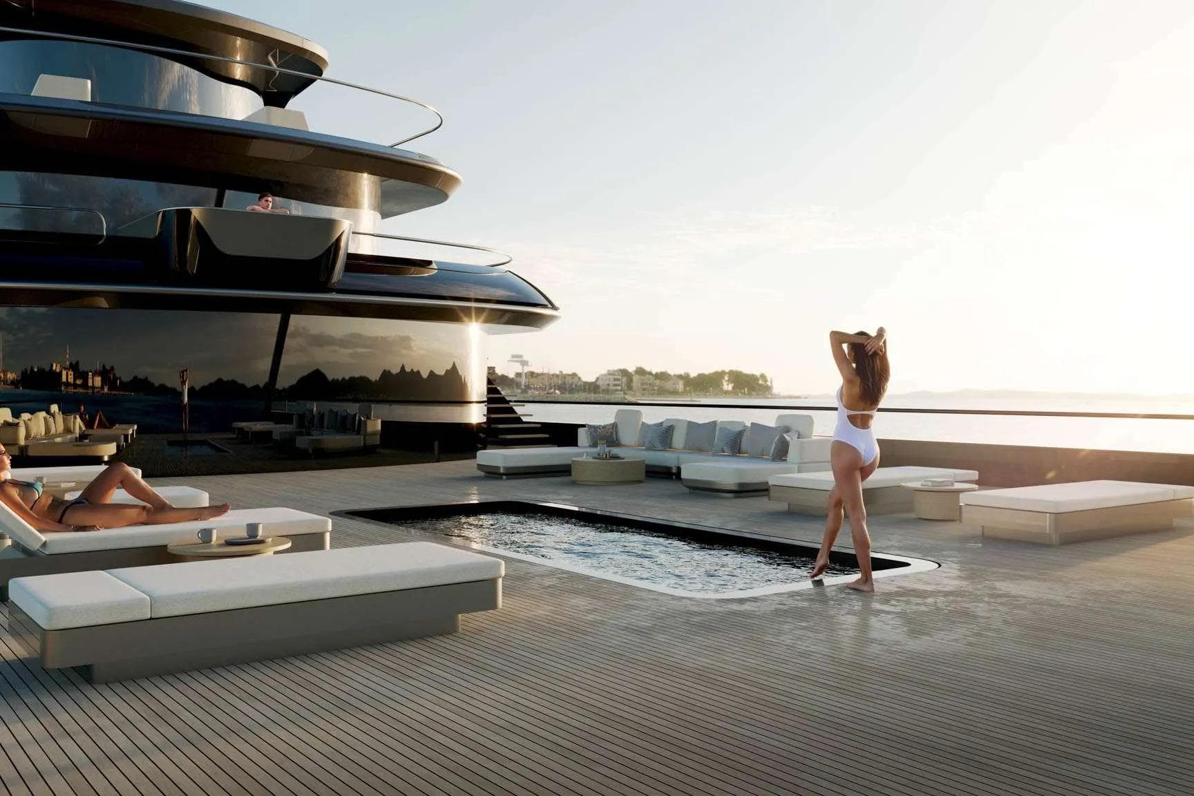 Luxurious Sunreef 65M Explorer yacht deck with pool, 2026 model, featuring elegant lounging area.