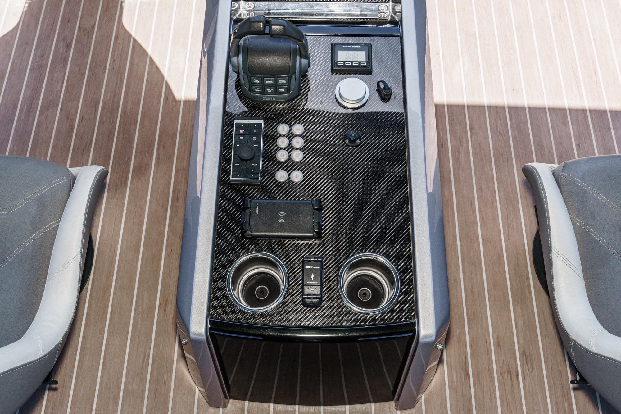 Control panel of 2023 Sunseeker 65 Sport Yacht with modern navigation equipment.