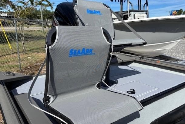 2026 SeaArk Shadow 17 boat seats with logo, outdoor setting.