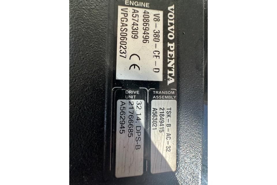 Volvo Penta engine label on 2016 Cobalt A28 boat, showing model and serial numbers.
