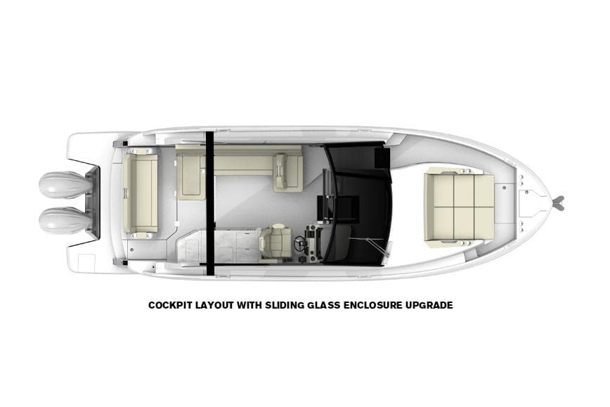 Manufacturer Provided Image: Top view of 2022 Regal 36 XO cockpit layout with sliding glass enclosure upgrade.