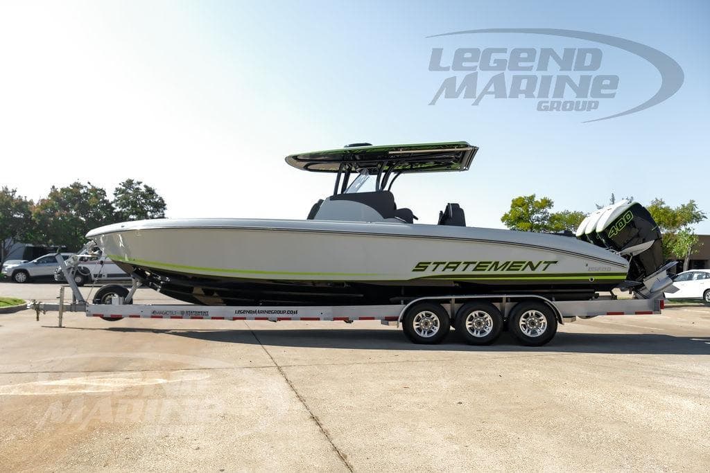 2024 Statement 350 Open boat on trailer, featuring sleek design and powerful engines.
