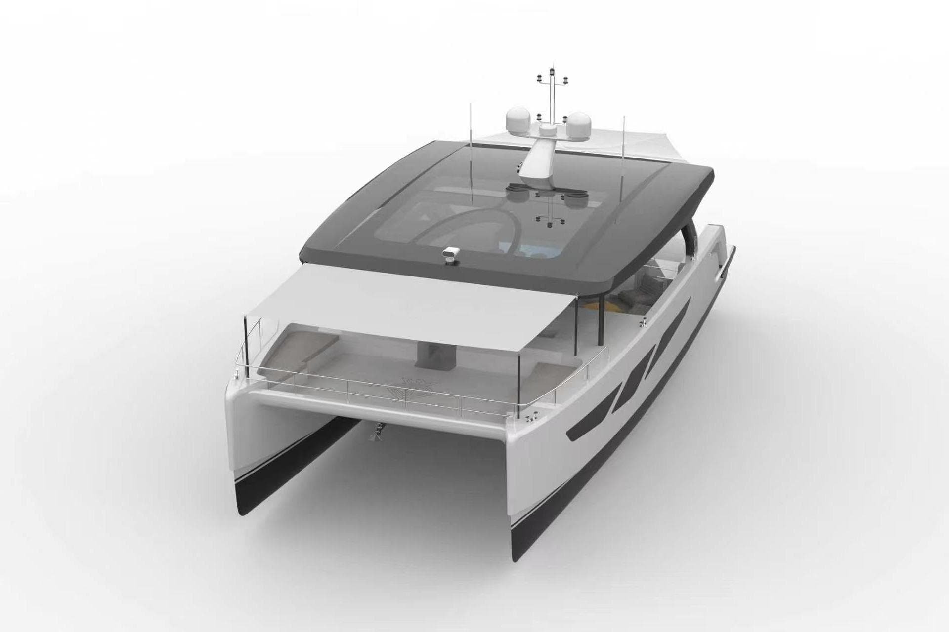 2026 Diamond Yachts P55 Power Catamaran, sleek design, modern luxury vessel, front view.