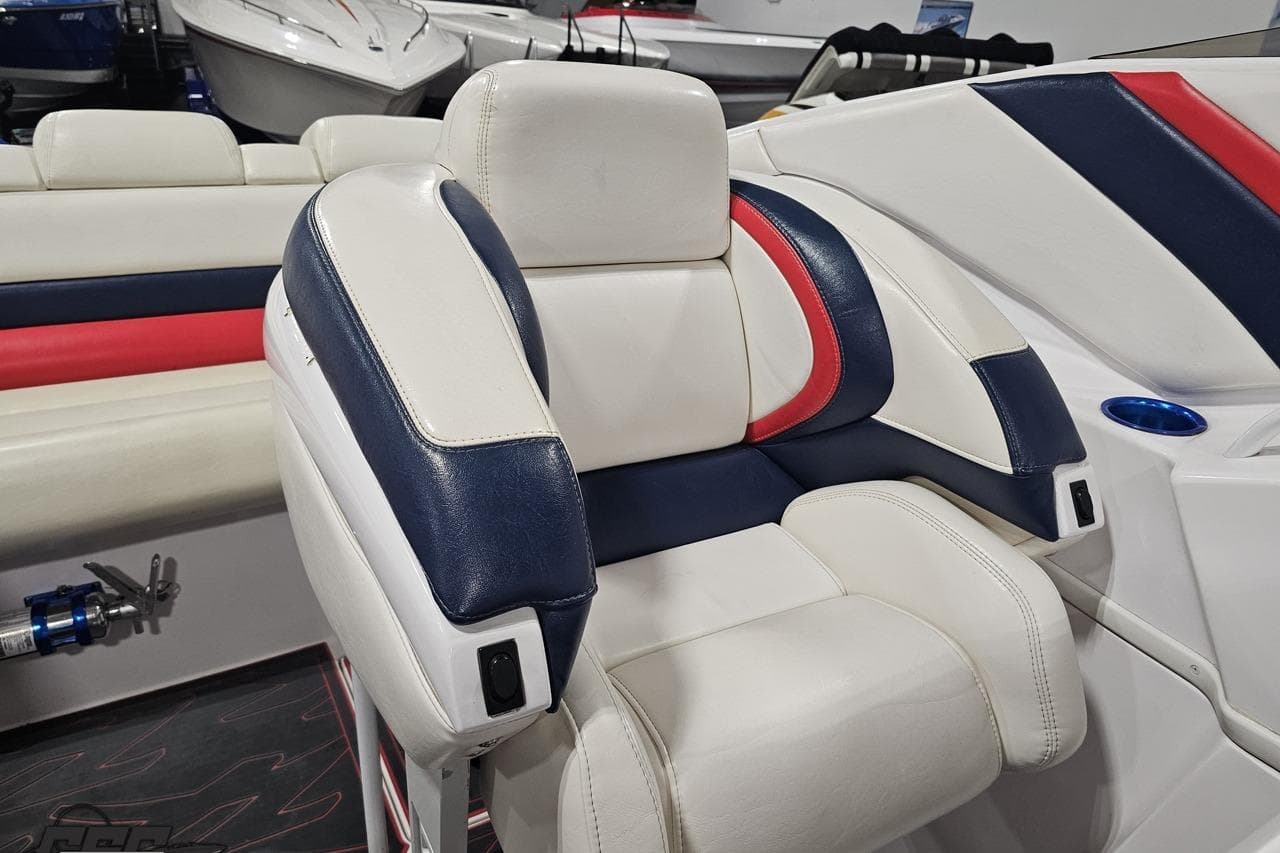 2000 Donzi 33 ZX boat interior with white, blue, and red seating.
