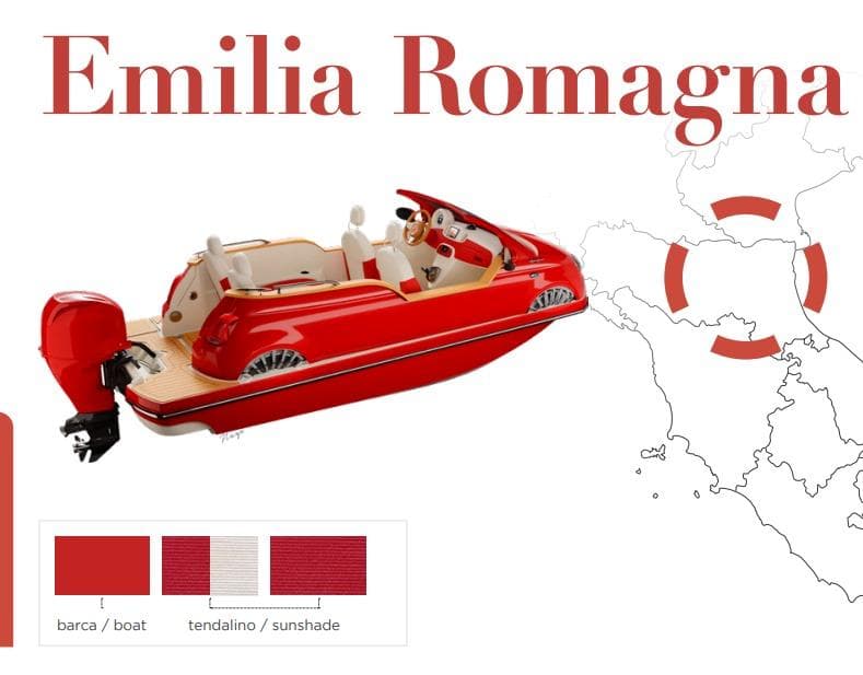 Red Fiat 500 Classic boat by Car Off-shore, Emilia Romagna map background, 2025 model.