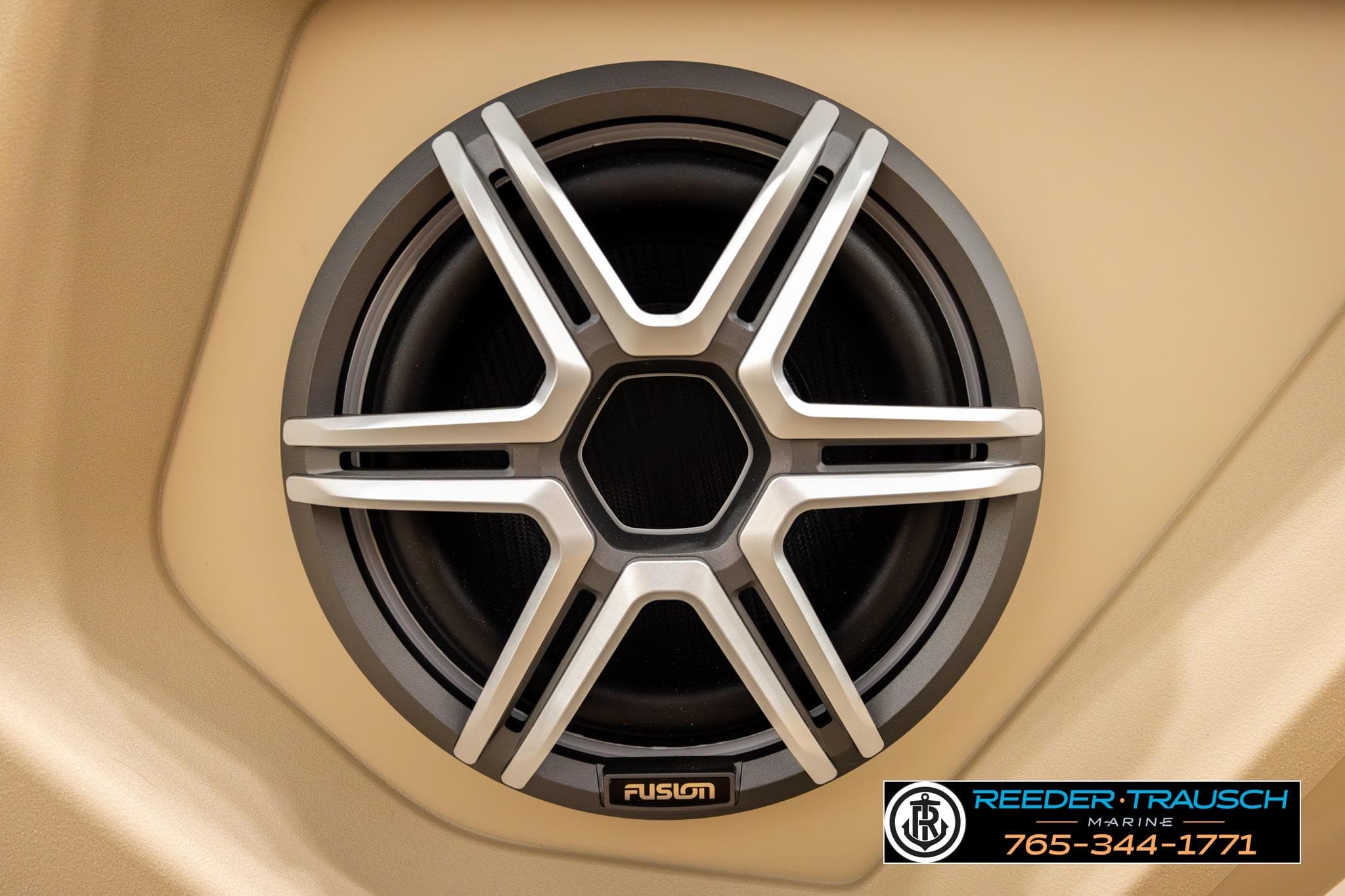 Close-up of a Fusion speaker in a 2026 Avalon CAT QLS boat.