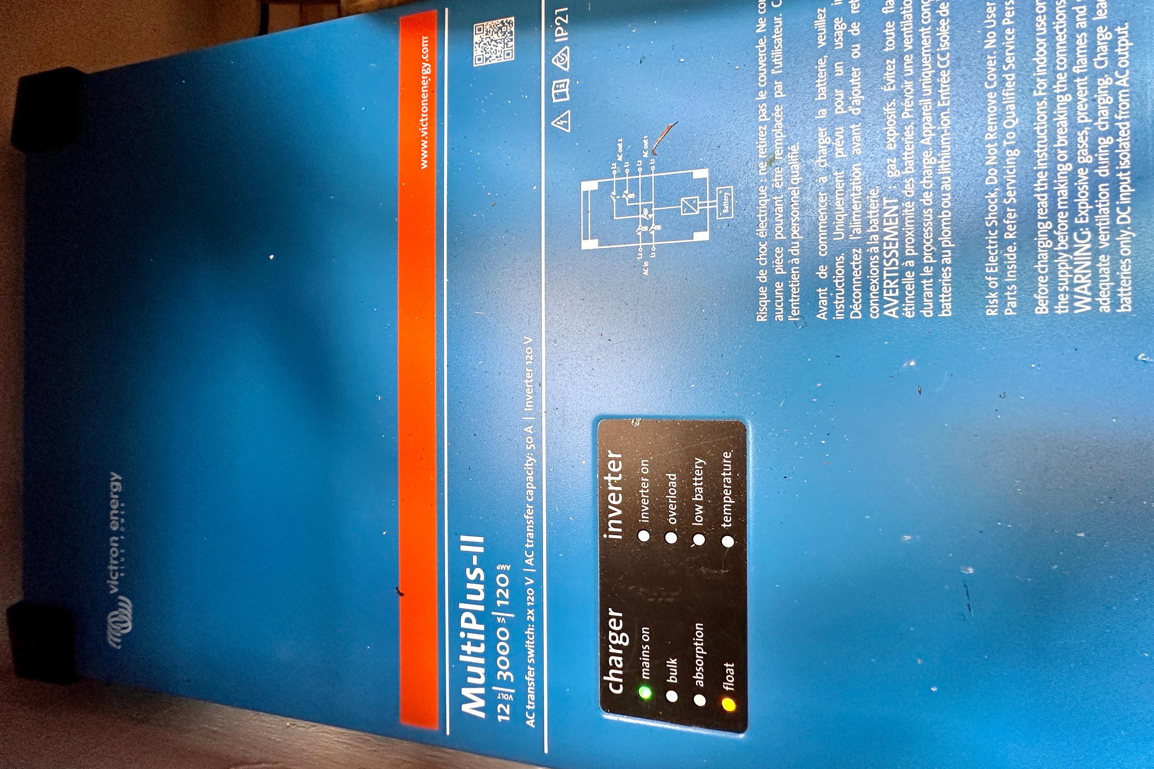 Blue Victron Energy MultiPlus-II inverter charger on a 1987 Marine Trader 47 Tradewinds.