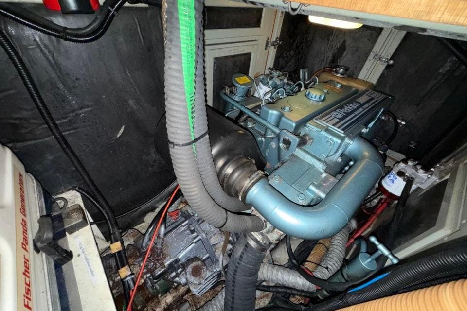 Engine room of a 2001 Bowman 48, featuring a Perkins engine and Fischer Panda generator.