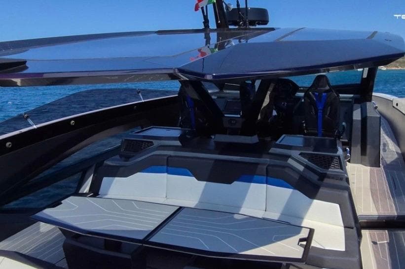 Futuristic Tecnomar LY63 yacht interior, 2026 model, featuring sleek design and advanced technology.