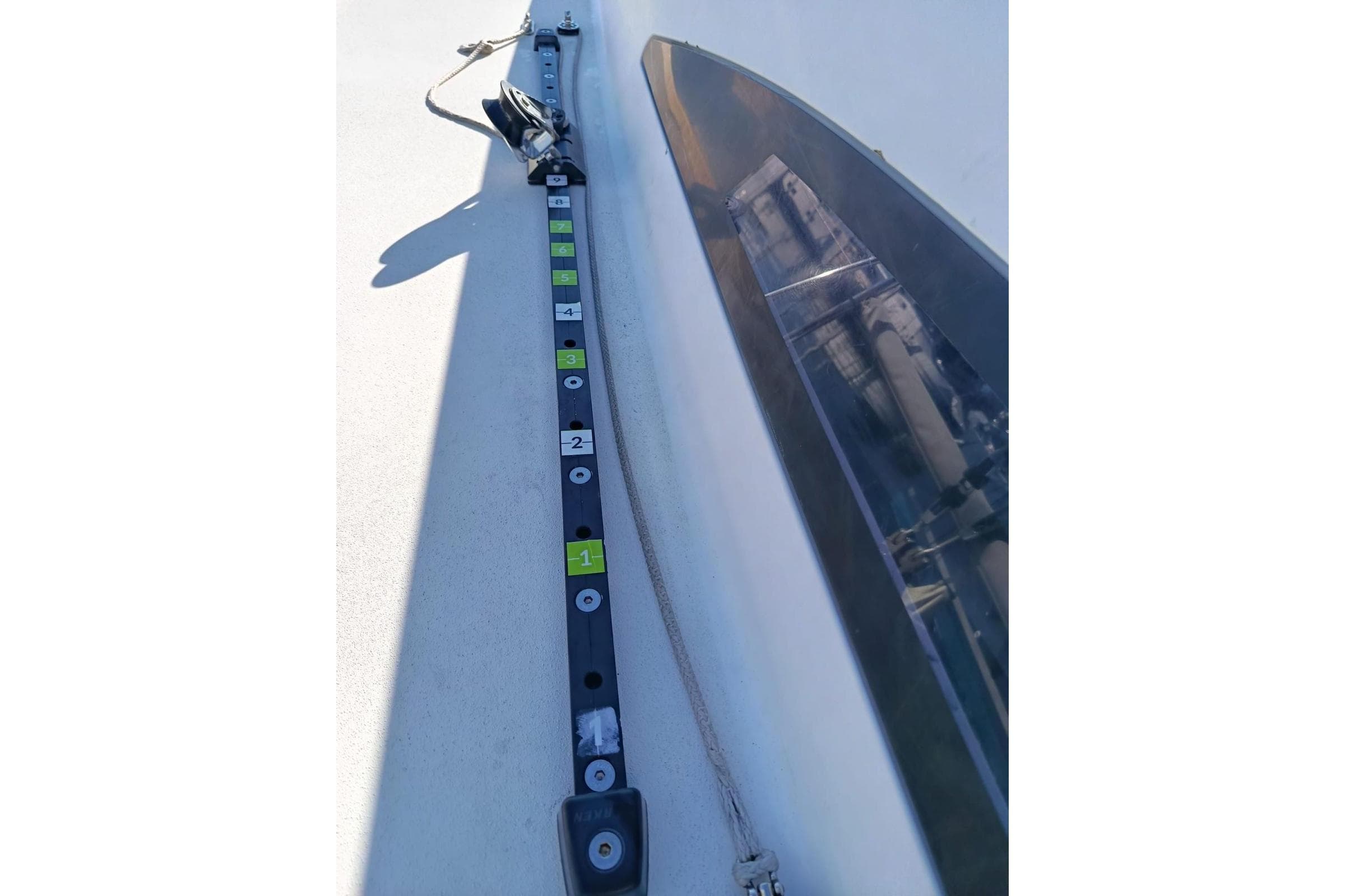 Deck of 2013 J Boats J/111 sailboat with adjustable track system.