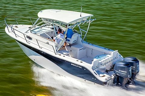 Manufacturer Provided Image: 2017 Sea Fox 256 Voyager boat cruising on water with twin Yamaha engines.