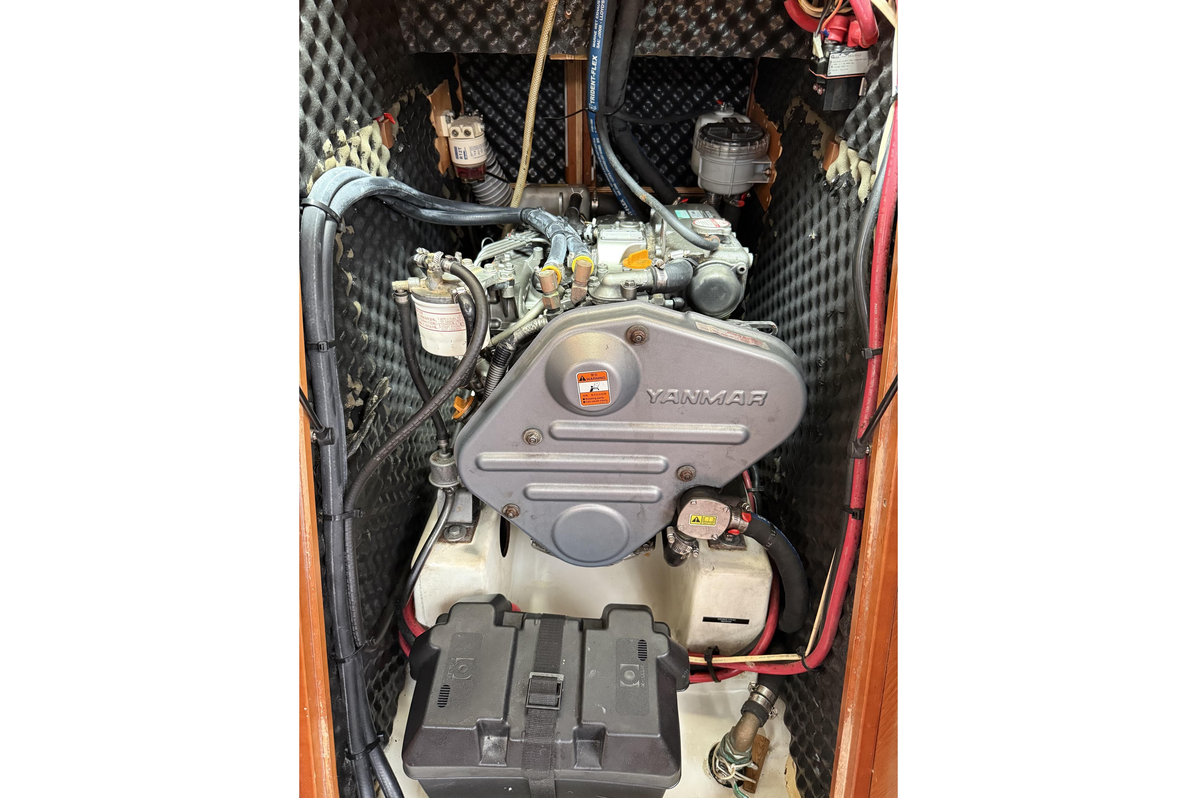 Engine compartment of a 2012 Beneteau First 435 sailboat with Yanmar engine.