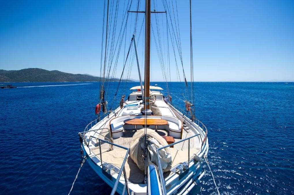 Custom Built Bodrum gulet sailing on clear blue waters, 1997 model.
