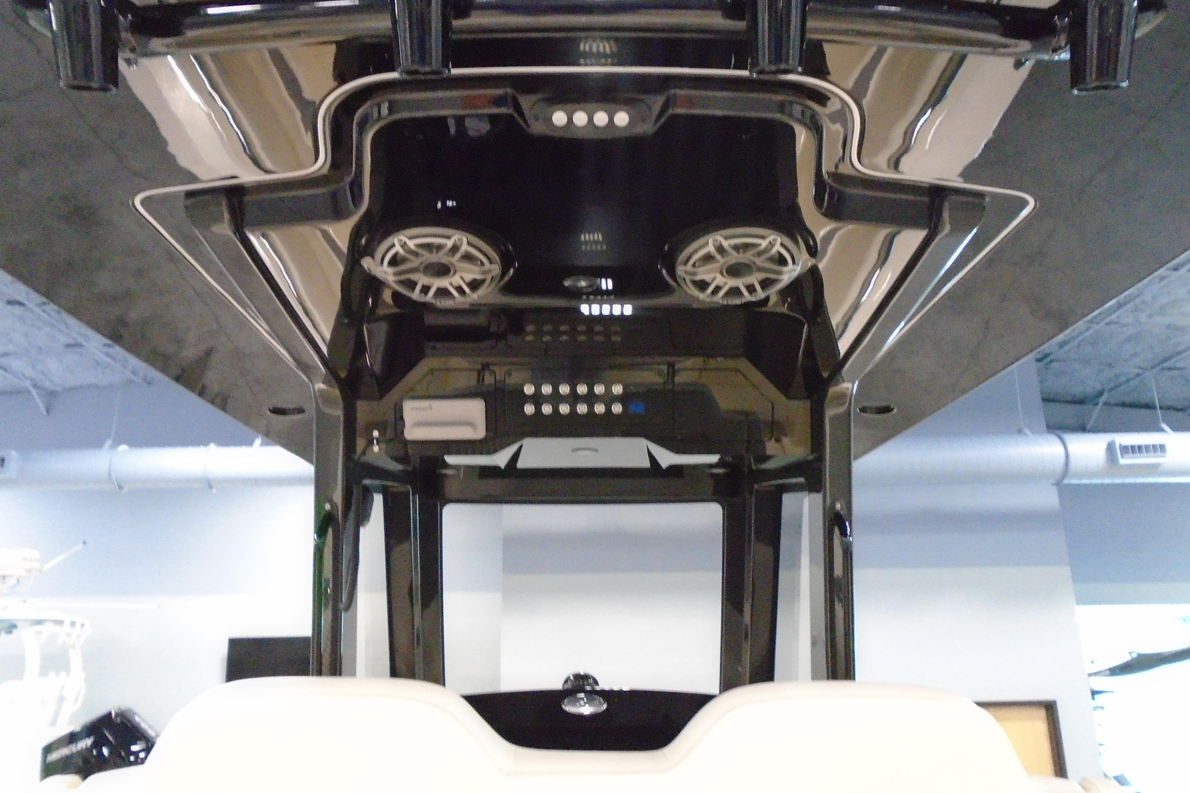 2026 Scout 288 LXF boat interior with speakers and control panel.