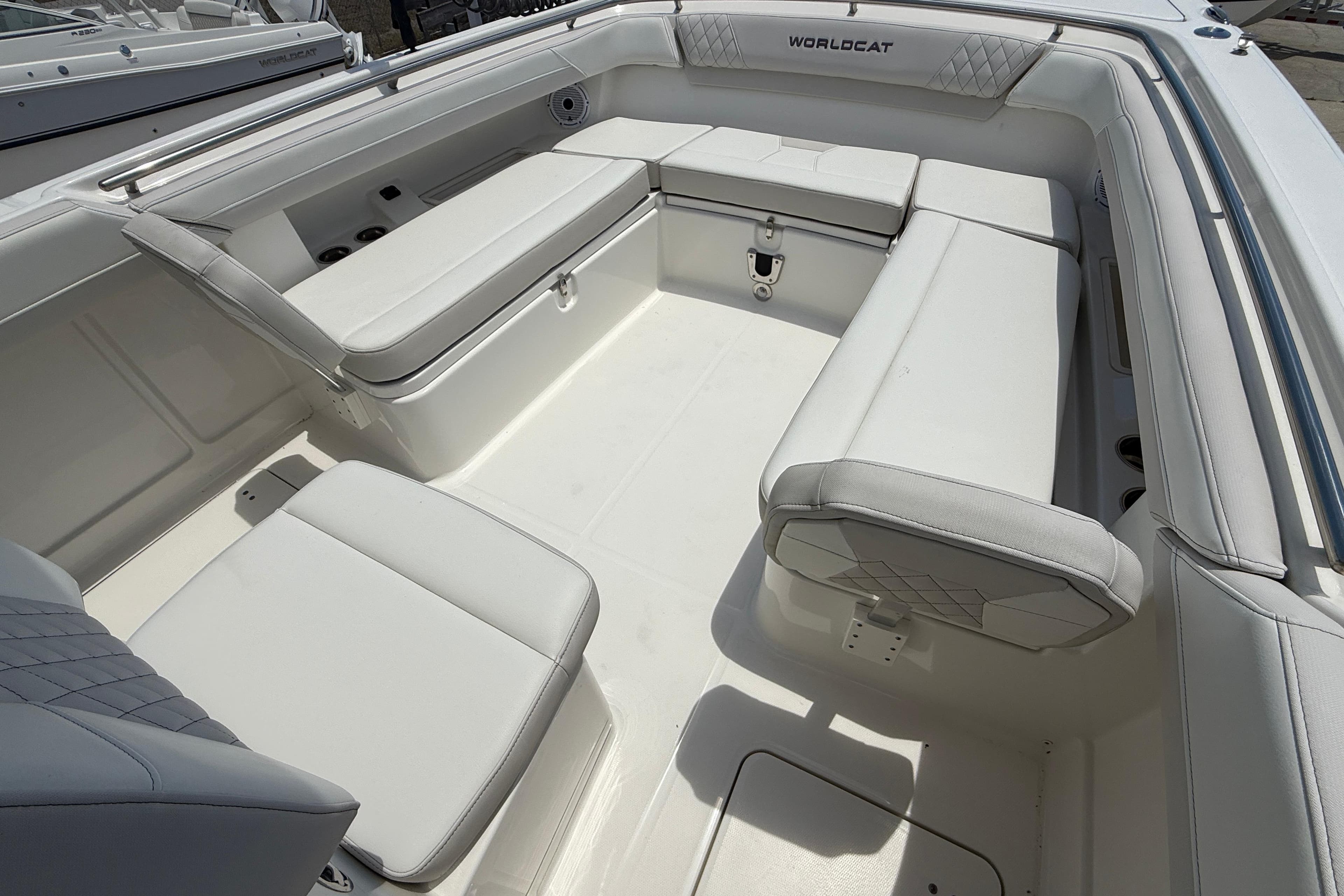 2024 World Cat 280 CC-X boat interior with spacious white seating and modern design.