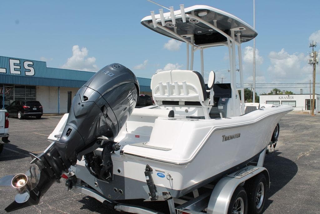 2025 Tidewater 210 CC Adventure boat with powerful outboard motor on trailer.