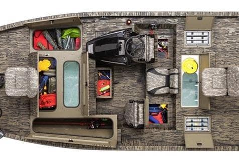 2026 Lowe Stinger 175C boat interior with organized storage compartments and seating.