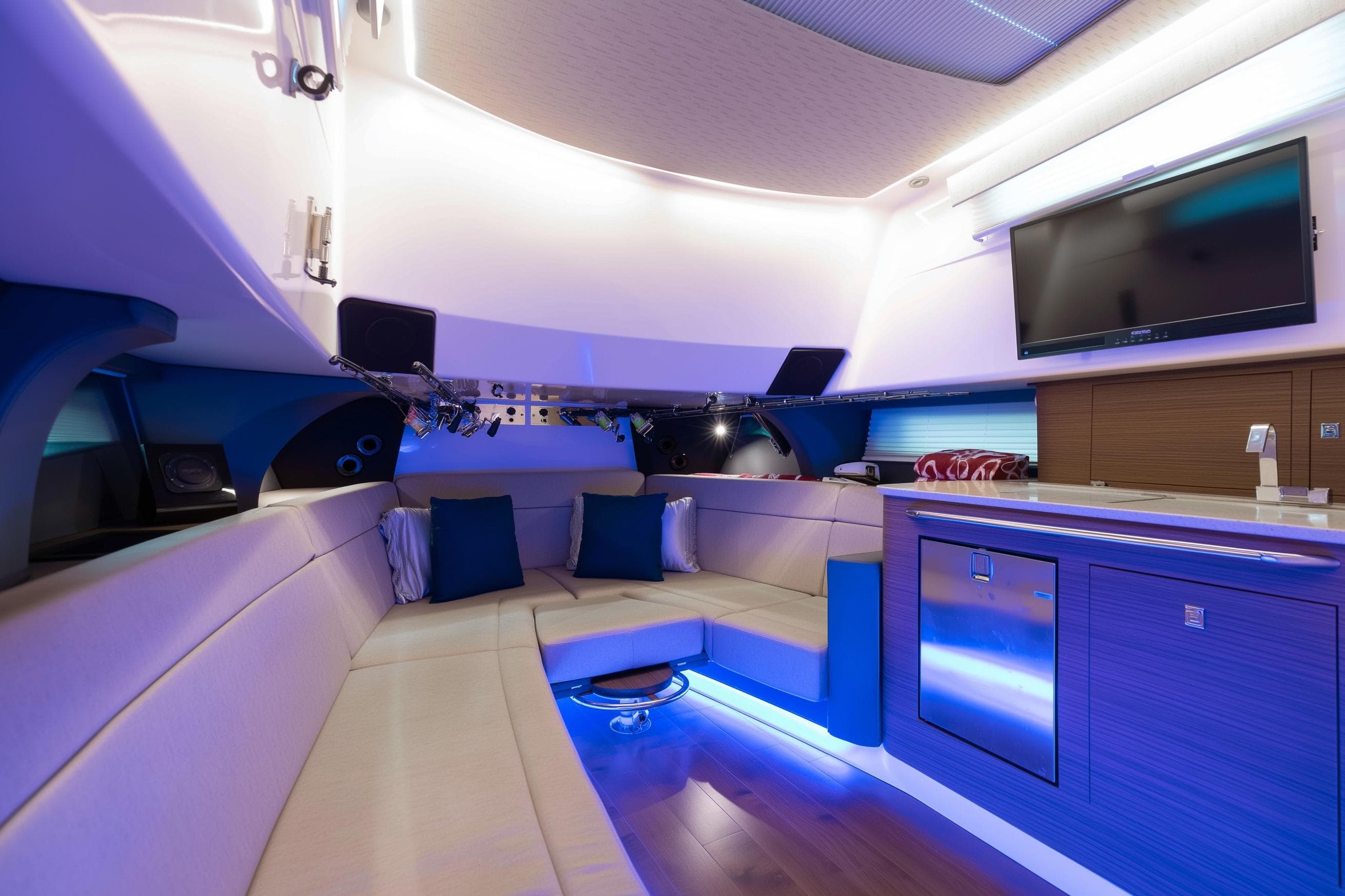 Luxurious interior of 2018 Boston Whaler 420 Outrage with modern seating and entertainment system.