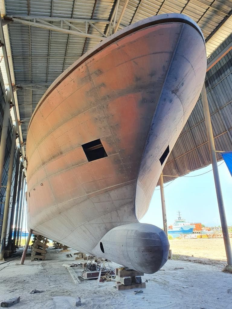 Custom Line 140 Explorer Type Motor Yacht under construction in a shipyard, 2015 model.