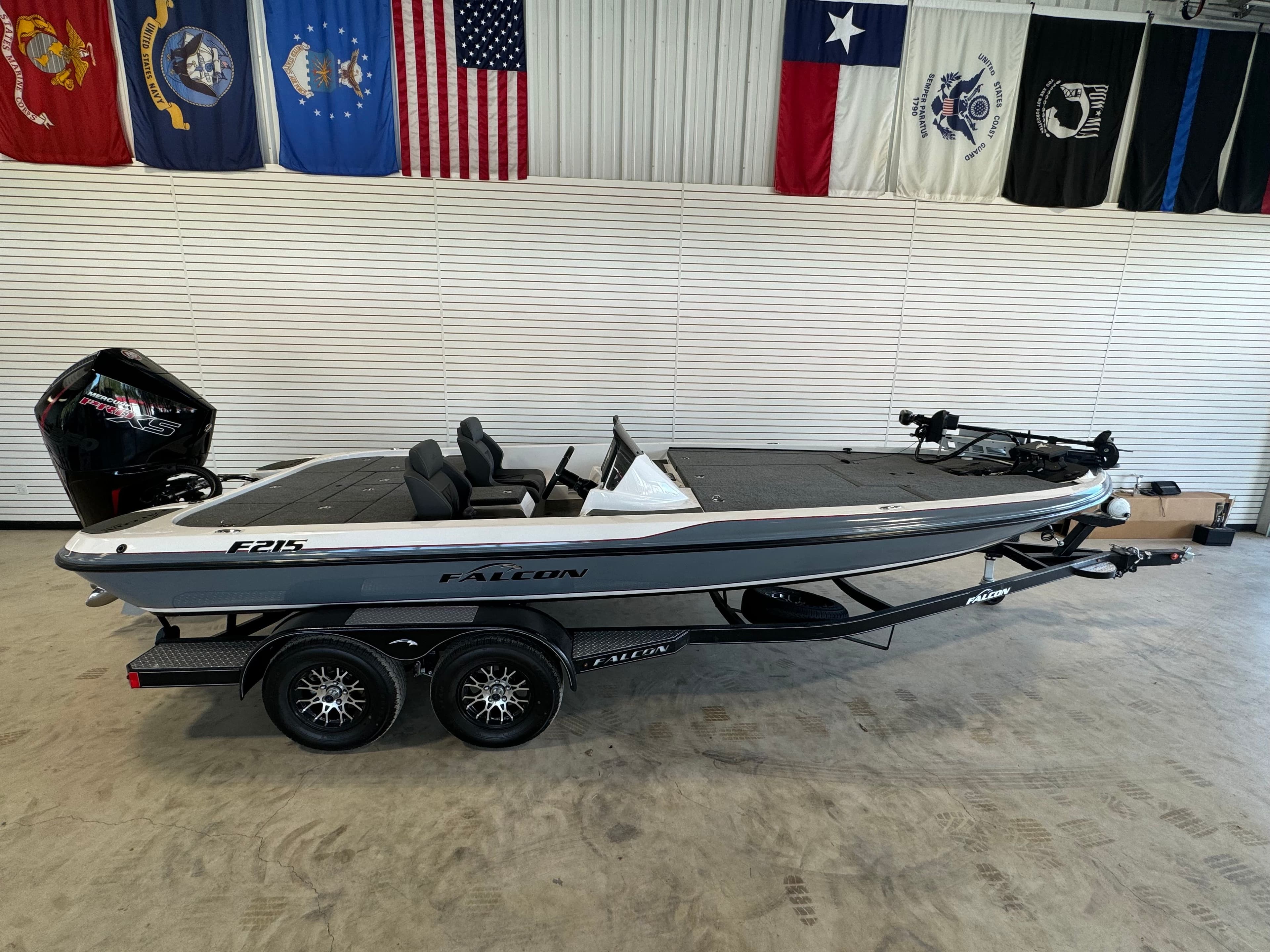 2025 Falcon F215 with 250HP Mercury ProXS and custom tandem axle trailer