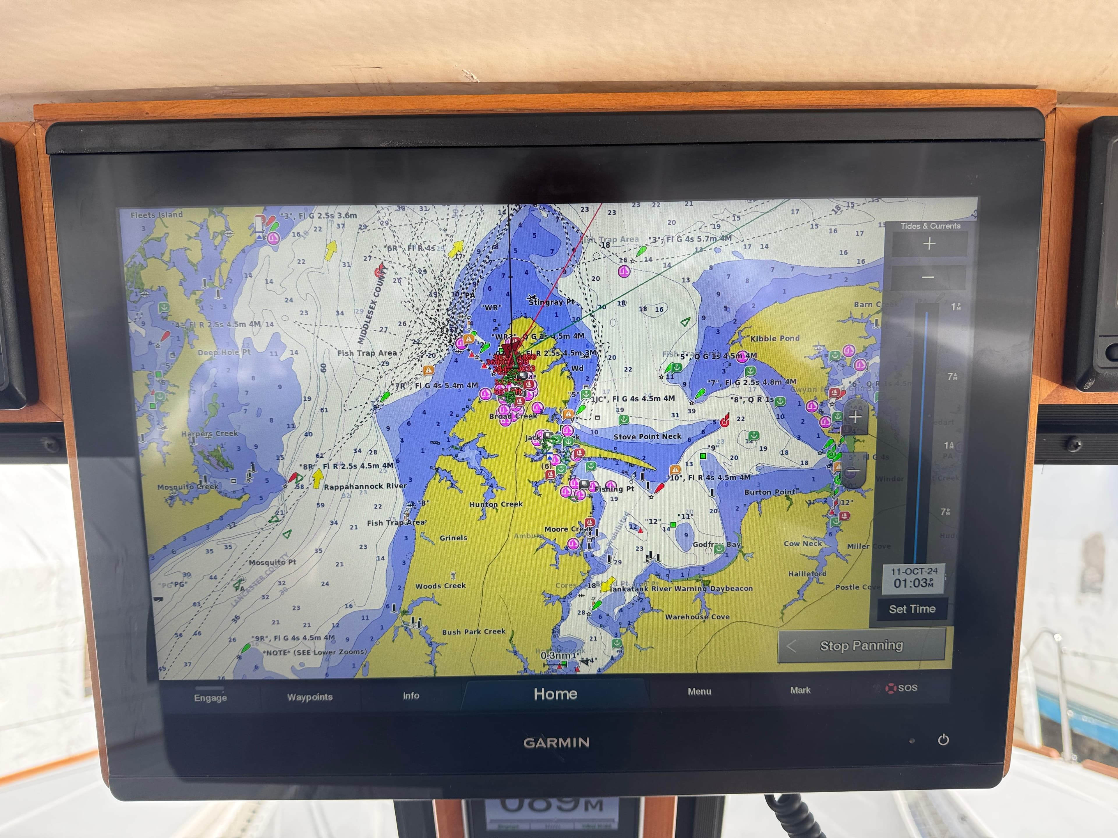 Garmin navigation display on 2018 Maine Cat 38 Electric, showing detailed nautical chart.
