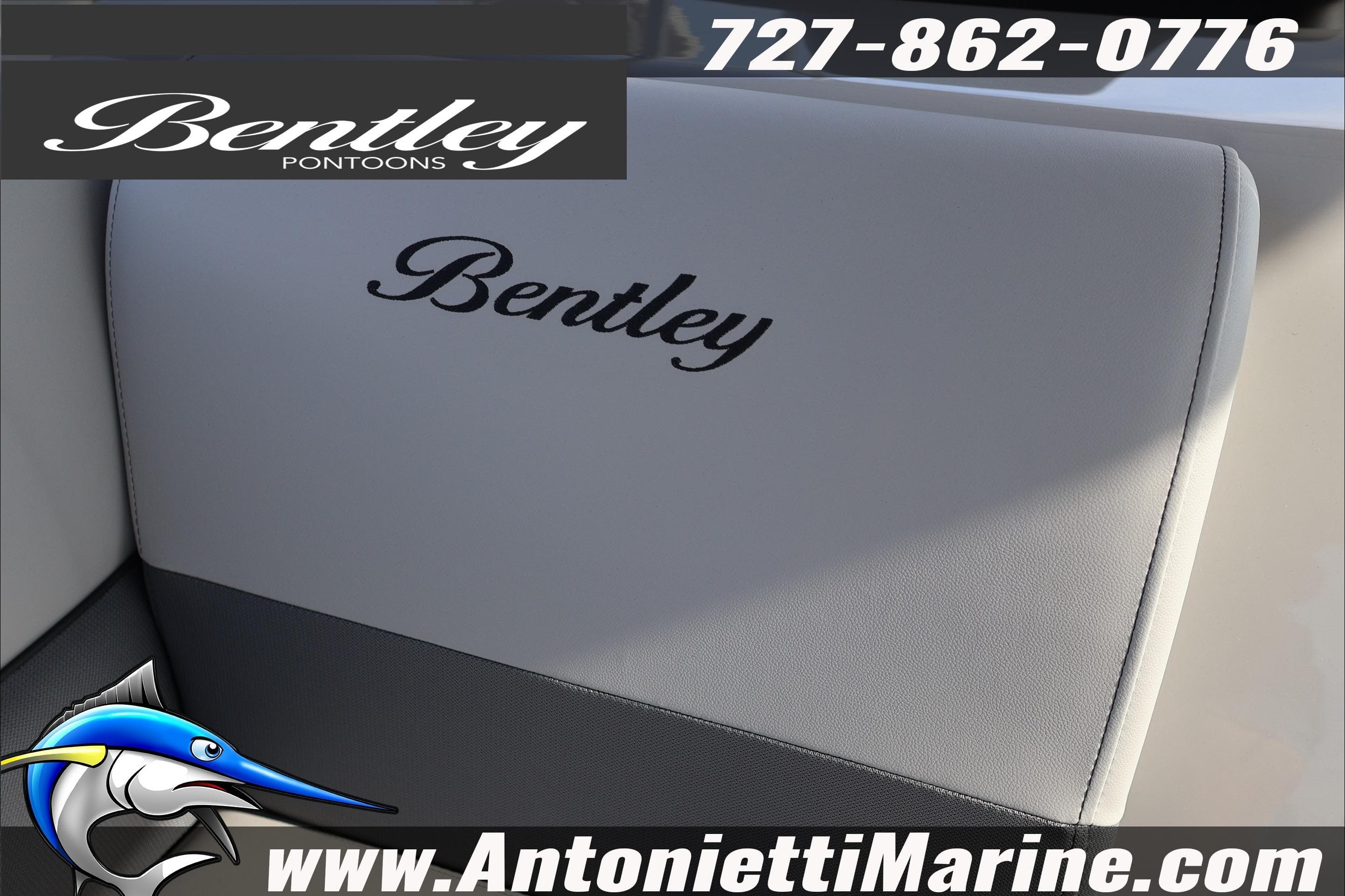 2026 Bentley Pontoons 243 Fish-N-Cruise seat with logo, Antonietti Marine branding.